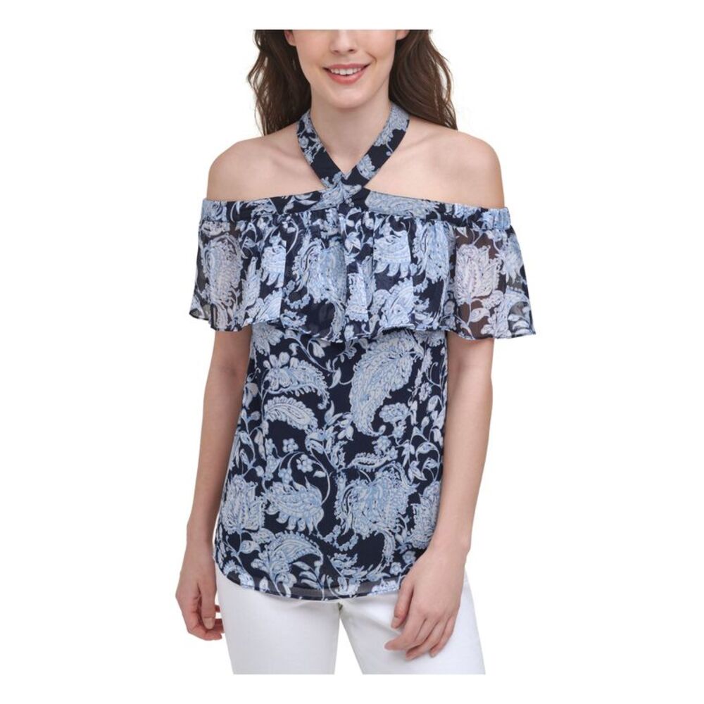 TOMMY HILFIGER Womens Navy Tie Chiffon Elastic Short Sleeve Top XS\TP